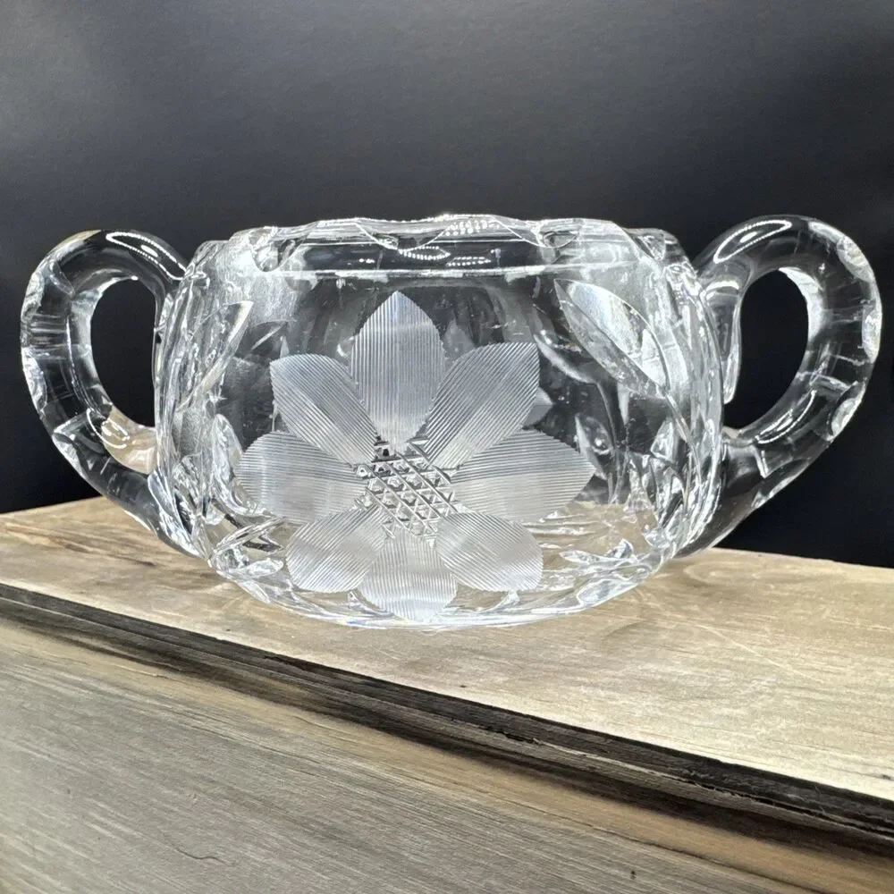 Etched Glass Clear Cut Flower Design Sugar Bowl with Two Handles Solid Heavy